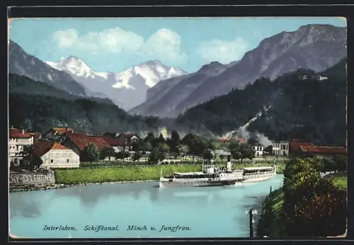 AK Interlaken, Schiffkanal mit Dampfschiff, Mönch und Jungfrau