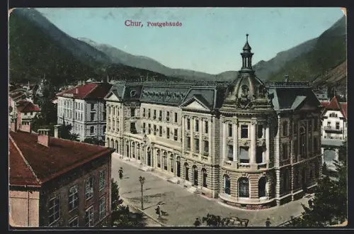 AK Chur, Postgebäude mit Strassenpartie