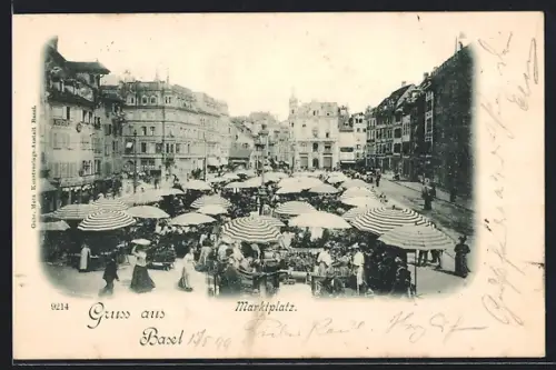 AK Basel, Marktplatz mit Markttreiben