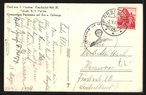 AK Heiden, Durchblick auf Gasthaus und Pension Rossbüchel