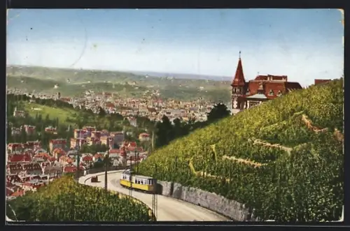 AK Stuttgart, Panorama mit Strassenbahn und Neue Weinsteige