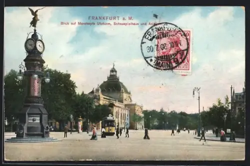 AK Frankfurt a. M., Blick auf Manskopfs Uhrturm mit Strassenbahn
