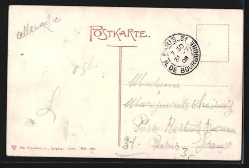 AK Frankfurt a. M., Blick auf Manskopfs Uhrturm mit Strassenbahn