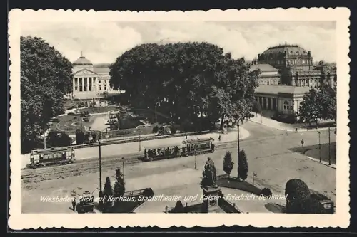 AK Wiesbaden, Blick auf Kurhaus mit Strassenbahn