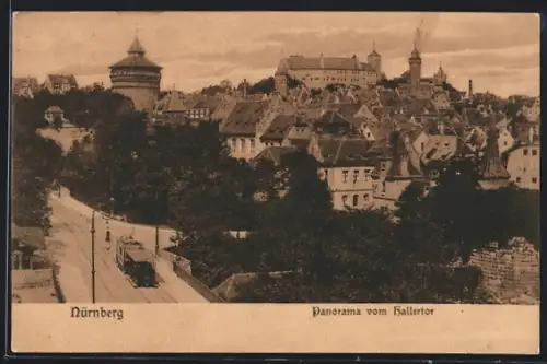 AK Nürnberg, Strassenpartie mit Strassenbahn und Schloss vom Hallertor aus