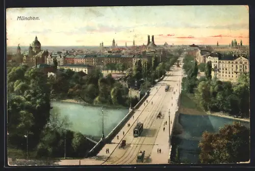 AK München, Brücke mit Strassenbahn