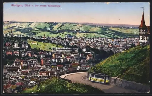 AK Stuttgart, Blick v. der neuen Weinsteige mit Strassenbahn