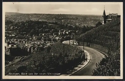 AK Stuttgart, Blick von der neuen Weinsteige mit Strassenbahn