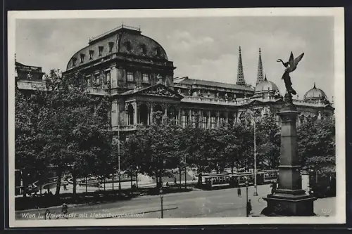 AK Wien, Universität mit Liebenbergdenkmal und Strassenbahn