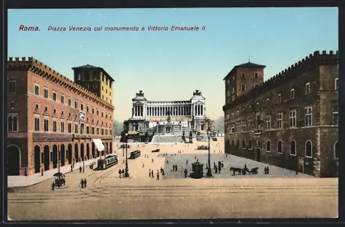 AK Roma, Plazza Venezia col Monumento a V. Emanuele 2, Strassenbahn