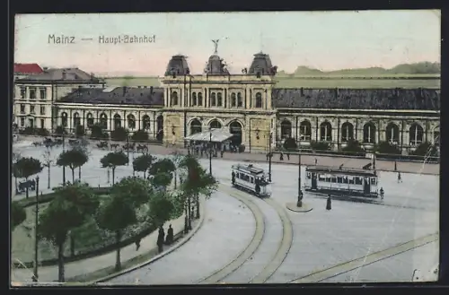 AK Mainz, Haupt-Bahnhof mit Strassenbahn