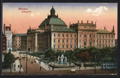 AK München, Blick zum Justizpalast, Strassenbahn