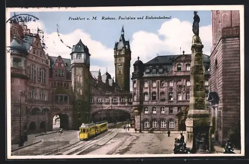 AK Alt-Frankfurt, Rathaus mit Paulsplatz und Strassenbahn