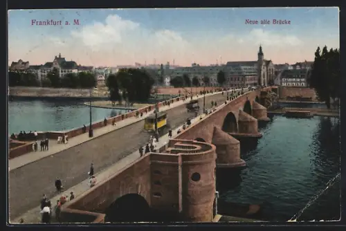 AK Frankfurt a. M., Neue alte Brücke mit Strassenbahn