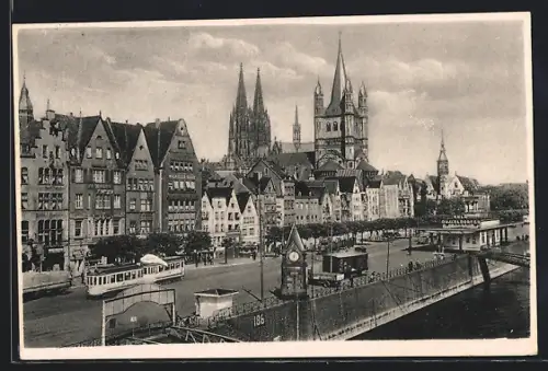 AK Köln, Partie am Leystapel mit Strassenbahn