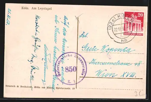 AK Köln, Partie am Leystapel mit Strassenbahn