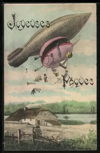 AK Zeppelin mit Osterei als Gondel