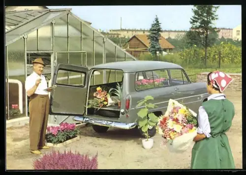 AK Auto Ford Taunus 12 M Kombi, Blumentransport im Floristik-Betrieb, Reklame