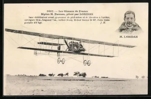 AK Flugzeug Biplan H. Farman, piloté par Loridan