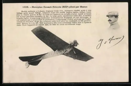 AK Flugzeug Monoplan Esnault-Pelterie piloté par Mamet