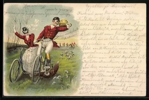 Lithographie Fuchsjagd mit Fahrrädern