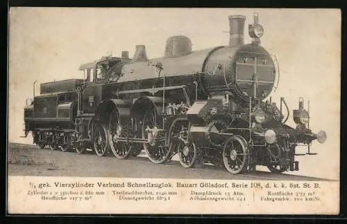 AK Vierzylinder Verbund Schnellzuglok Bauart Gölsdorf Serie 108, österreichische Eisenbahn