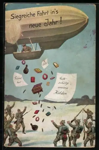 AK Zeppelin wirft Geschenke über deutschen Soldaten ab