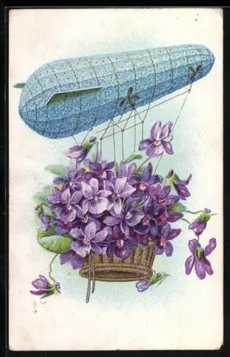 AK Ein mit Blumen geschmückter Zeppelin und Korb