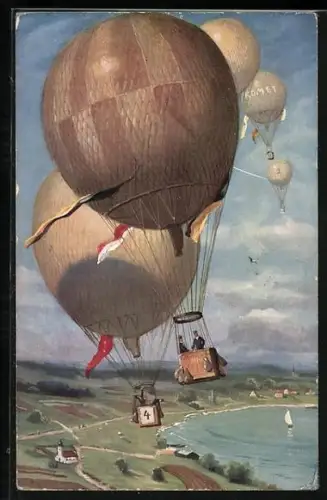 Künstler-AK Ballons bei einem Wettflug über einem See