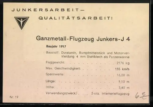 AK Ganzmetall-Flugzeug Junkers-J 4, Baujahr 1917, Doppeldecker