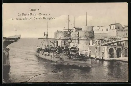 AK Taranto, La Regia Nave Bausan al passaggio del Canale Navigabile