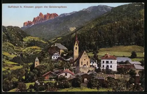 AK Gufidaun b. Klausen, Ortsansicht gegen die Geislerspitzen