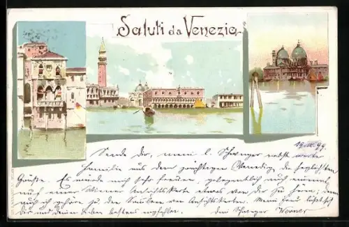 Lithographie Venezia, Uferpartie, Kirche, Ortspartie