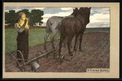 Künstler-Lithographie Paul Hey: Dämmerung, Bauer mit Pferdepflug