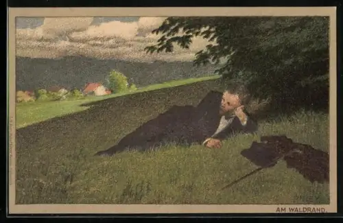 Künstler-Lithographie Paul Hey: Am Waldesrand, Mann liegt im Gras