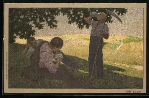 Künstler-Lithographie Paul Hey: Erntezeit, Bauern pausieren im Schatten