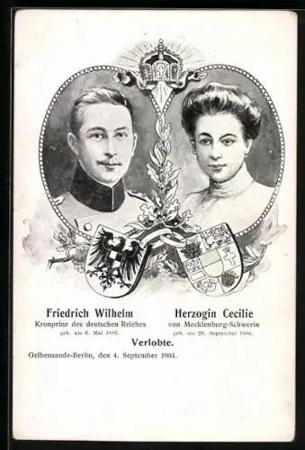 Künstler-AK Gelbensande-Berlin, Verlobte: Friedrich Wilhelm und Herzogin Cecilie