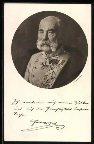 AK Kaiser Franz Josef I. von Österreich präsentiert seine Orden, Spruch