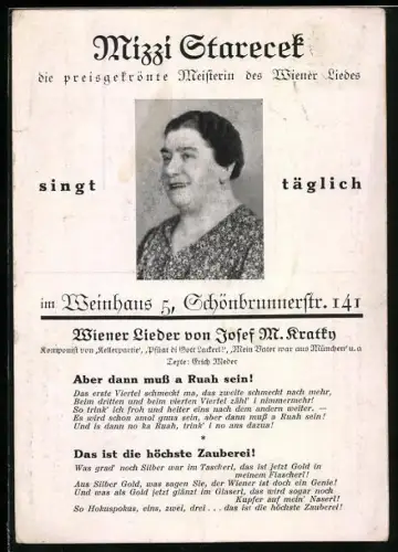 AK Wien, Gaststätte Weinhaus, Sängerin Mizzi Starecek singt täglich Wiener Lieder, Portrait, Liedtexte