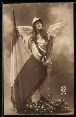 AK Engel mit französischer Flagge, Blumen