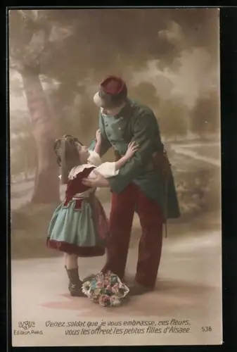AK Venez soldat que le vous embrasse, ces fleurs, vous les offrent les pebites filles d`Alsace