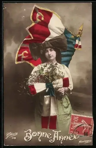AK Mädchen mit Nationalflagge und Schleife, Bonne Année