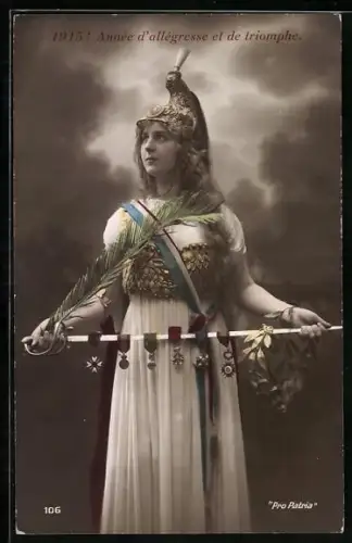AK 1915! Année d`allégresse et de triomphe, Marianne mit Orden