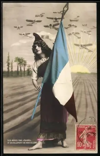 AK Marianne mit Flagge, Flugzeuge, untergehende Sonne