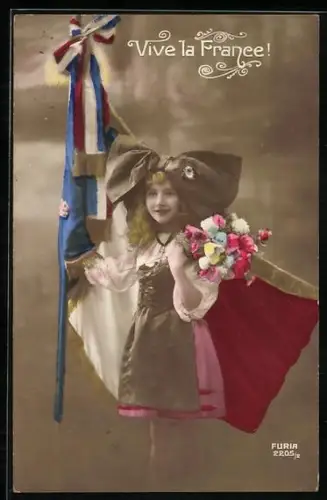 AK Vive la France!, Mädchen mit Flagge und National-Banderole