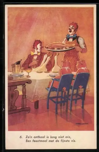 AK Clowns mit Gänsen und Schweinen beim Festmahl