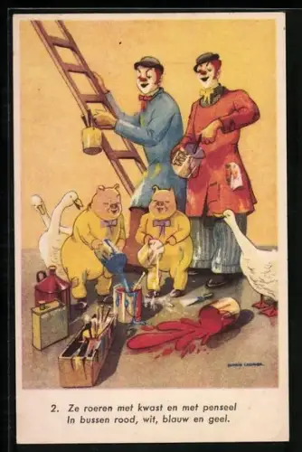 AK Clowns mit Schweinen und Gänsen als Anstreicher mit Farbeimern