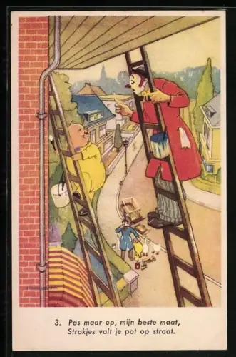 AK Clowns mit Schweinen und Gänsen als Anstreicher auf Leitern