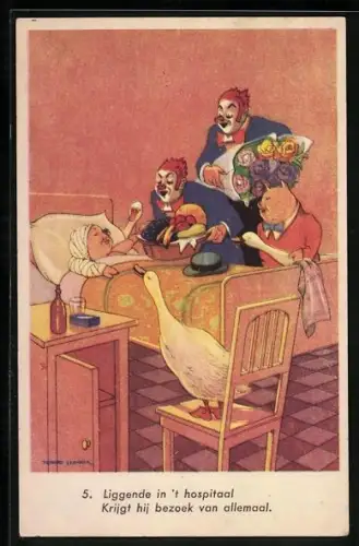 AK Clowns mit Schweinen und Gänsen beim Krankenbesuch