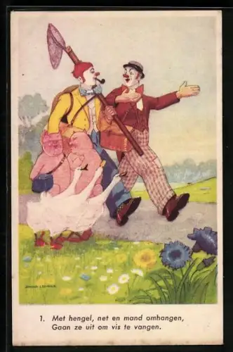 AK Zwei Clowns gehen mit Schweinen und Gänse spazieren